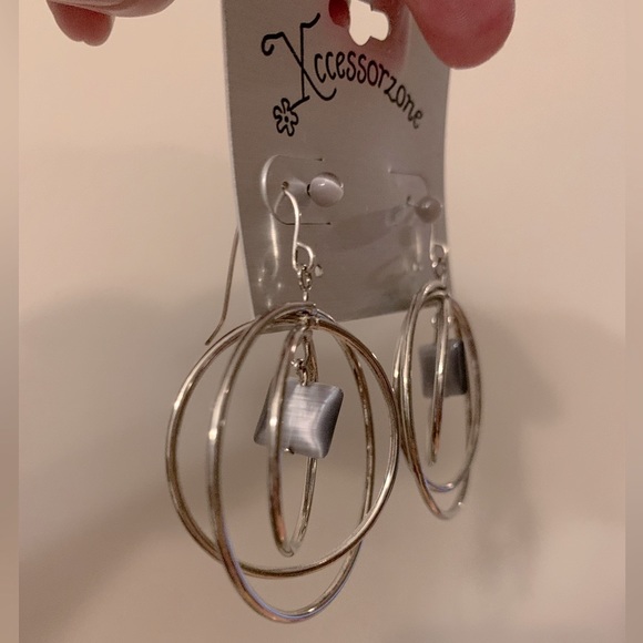 Two-Pair Earring Set - 1 Studs, 1 Dangling Triple Hoops w/Accent Stone - Picture 4 of 10